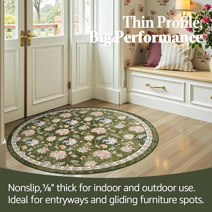 jinchan 4ft Floral Round Rug for Entryway Washable Kitchen Rug Vintage Romance Design Non Slip Indoor Doormat Lightweight Low-Profile Throw Carpet for Living Room Dining Room Bedroom, Green-CubbioJoy