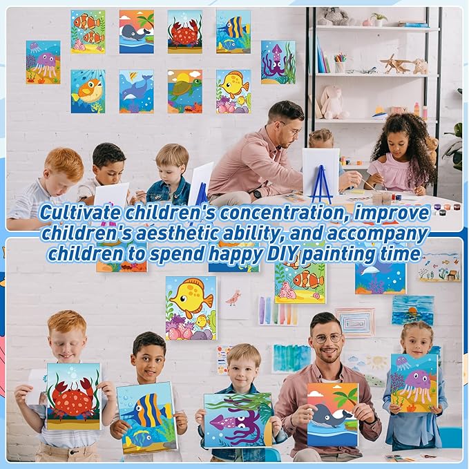 Blosssound 10 Set Pre Printed Canvas Pre Drawn Canvas Painting with Easel Kits 5" x 7" Outline Painting Panels for Beginners, DIY Craft Project, Party Favor, Home Decors(Ocean)-CubbioJoy