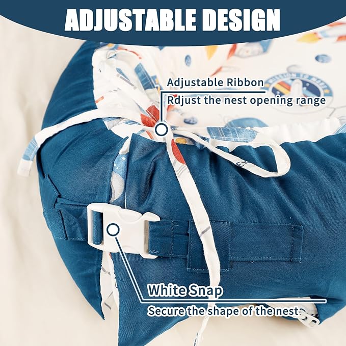Baby Lounger Cover for Boys Girls, Reversible Baby Nest Cover, Adjustable Baby Lounger Replaceable Cover for Infant Newborn, Portable and Machine Washable, Cotton Blue Rocket Cover Only-CubbioJoy