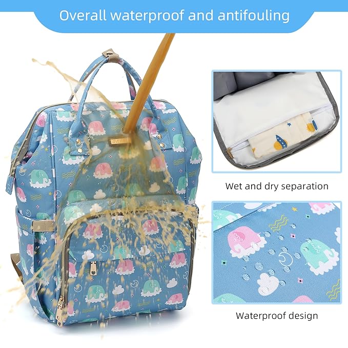 Diaper Bag Backpack, Diaper Bags for Baby Girls Boys, Baby Bags for Moms Dads, Nappy Changing Bag with Insulated Pockets,Multi-functional Waterproof Backpack with Stroller straps-Deep blue elephant-CubbioJoy