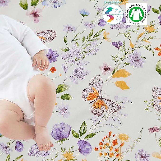 Brandream Wildflower Butterfly Crib Bedding Sets for Girls Nursery Set 3-Piece Farmhouse Quilt Comforter Set, Baby or Toddler Fitted Sheet, Double Crib Skirt, Cotton-CubbioJoy