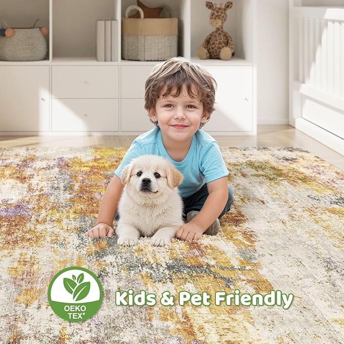 9x12 Area Rugs Living Room: Machine Washable Large Abstract Modern Soft Rug Stain Resistant Indoor Floor Non Slip Accent Carpet for Bedroom Nursery Playroom Office Dining Room Dorm- Gold Colorful-CubbioJoy