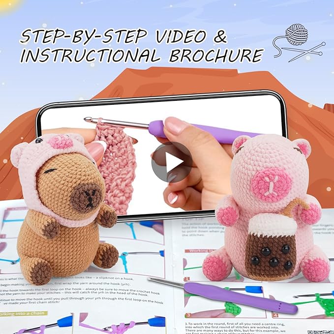 Crochet Kit for Beginners,Beginner Crocheting Animals Kits w Step-by-Step Video Tutorials, Knitting Starter Pack for Adults and Kids,2 Pack Capybara-CubbioJoy