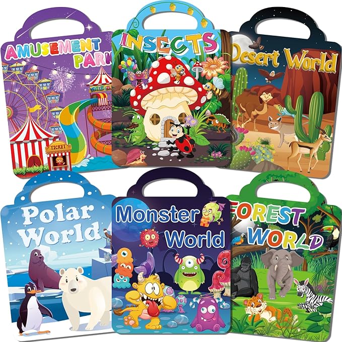 6Set Reusable Sticker Books for Kids 1-3 2-4 Years Old, 3D Puffy Stickers Books for Toddlers,Monster+Insects+Forest+Desert+Polar+Amusement Park-CubbioJoy