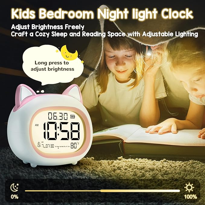 Kids Alarm Clock with Night Light for Kids, Small Digital Alarm Clocks for Bedrooms, Routine Builder, Cute Cat Alarm Clock with Sleep Training, Snooze, 12/24H, Date & Day, Temperature, USB Port-CubbioJoy