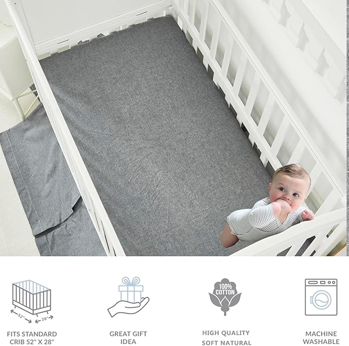 Brandream Gender Neutral Boho Bohemian Farmhouse Chic Baby Crib Bedding Set 100% Washed Cotton Like Linen Supersoft Classic Quilted Plaid Design Nursery Collection (Grey, 6-Piece)-CubbioJoy