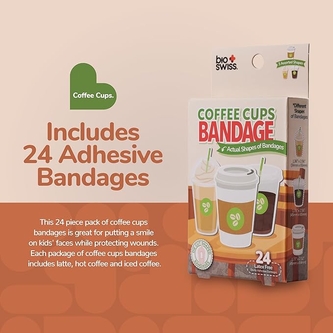 BioSwiss Bandages, Coffee Cup Shaped Self Adhesive Bandage, Latex Free Sterile Wound Care, Fun First Aid Kit Supplies for Kids, 24 Count-CubbioJoy