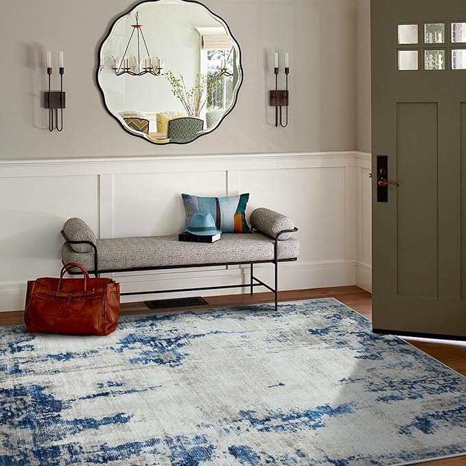 6x9 Area Rugs for Living Room Rug Washable: Modern Rug for Dining Room Bedroom Carpet Non Slip Low Pile 6 by 9 Indoor Abstract Nursery Home Office Blue White-CubbioJoy