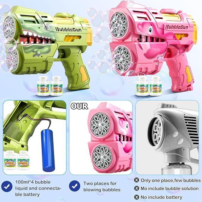2 Pack Bubble Guns for Kids, Rechargeable LED Light Up Dinosaur Bubbles Machine Blower with 4 Bottles Refill Solution for Toddlers 4-8, Wedding Party Birthday Gift-CubbioJoy