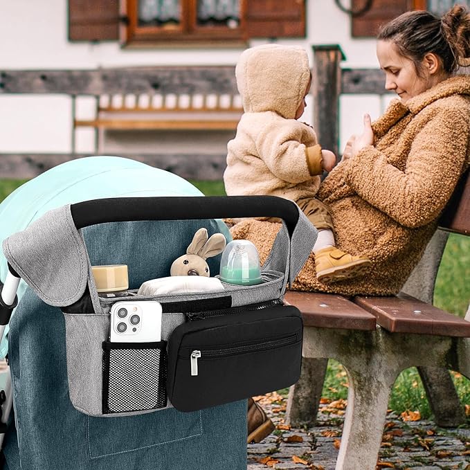 Accmor Universal Stroller Organizer with Insulated Cup Holder Detachable Phone Bag and Shoulder Strap,Stroller Bag Caddy Organizer Fits for Uppababy, Baby Jogger, Britax Strollers-CubbioJoy