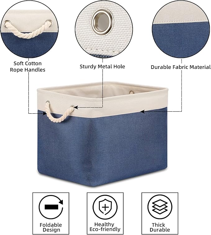Bidtakay Fabric Storage Baskets with Handles for Organizing 16" x 11.8" x 11.8" Navy Blue Baskets [2-Pack] Shelf Baskets Large Canvas Collapsible Bins for Closet (White&Blue)-CubbioJoy