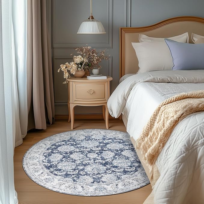 jinchan Round Rug 4ft Area Rugs Vintage Floral Distressed Design - Machine Washable Non-Slip Low-Pile Ultra-Thin Circle Rug for Entryway Bedside Living Room Dining Room Bedroom (4' Round,Dark Blue)-CubbioJoy