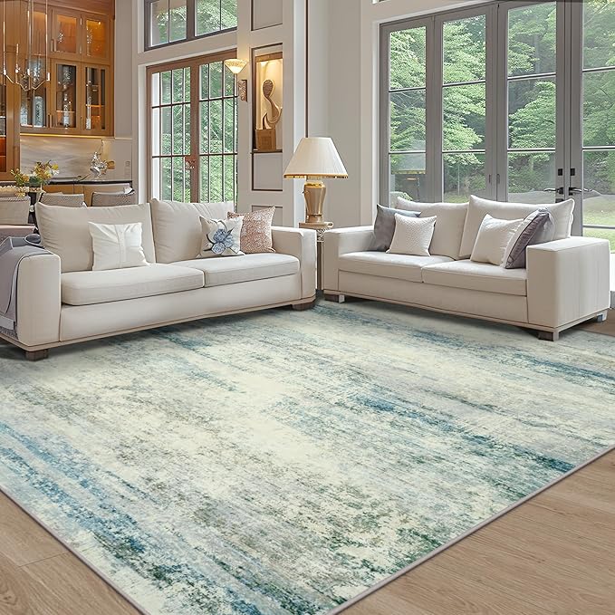Area Rug 9x12 Washable Rugs: Abstract Large Living Room Rugs with Non-Slip Backing, Thin Carpet for Dining Room Table Bedroom Nursery Indoor Home Office-Blue/Gray-CubbioJoy