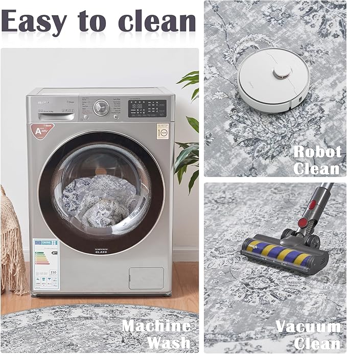 jinchan Round Rug 6ft Area Rug - Grey Vintage Floor Mat Kitchen Indoor Ultra-Thin Soft Floral Print - Washable Circle 6' Retro Accent for Farmhouse Non Slip Dining Room Living Room Bedroom Office-CubbioJoy