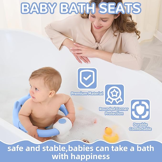 Baby Bath Seat for Babies 6 Months & up, Non-Slip Toddler Bath Seats for Babies Sitting Up, Safe Infant & Newborn Bathtub Chair with 4 Suction Cups & Soft Cushion for Shower,Blue-CubbioJoy