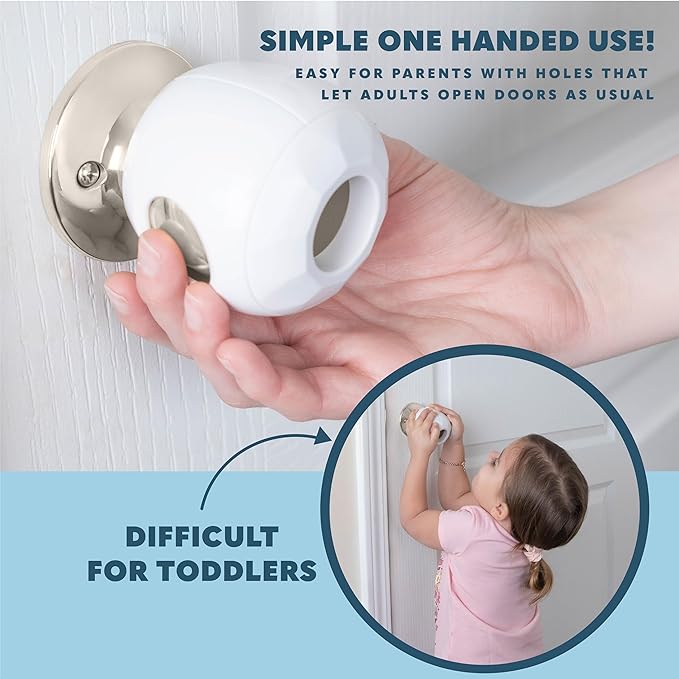 Baby Proofing Door Knob Covers 4 Pack - Easy to Install Child Safety Locks for Doors, Durable & Reusable Child Proof Door Lock, Dual-Lock & Versatile Design, Fits Round Doorknobs, White-CubbioJoy