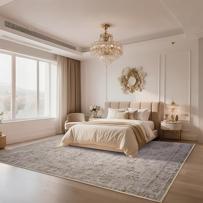 6x9 Washable Area Rug for Living Room, Non-Slip Distressed Rugs for Bedroom Dinning Room, Ultra-Thin Indoor Non-Shedding Vintage Print Carpet for Farmhouse, Home Office, Dorm Light Taupe/Cream-CubbioJoy