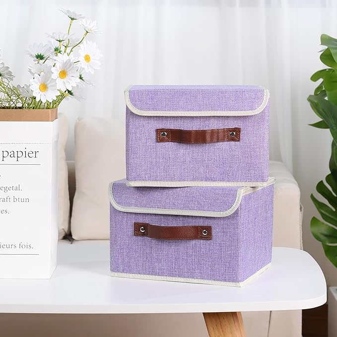 ANMINY 2PCS Storage Bins with Lid PU Leather Handles Storage Boxes PP Plastic Board Decorative Foldable Lidded Cotton Linen Fabric Home Cubes Baskets Closet Organizer Containers - Purple, Small Size-CubbioJoy