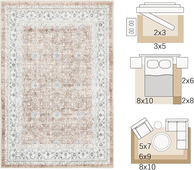 jinchan Washable Area Rug 3x5 Entryway Low Pile Boho Floral Print Rug Faux Wool Soft Indoor Doormat Stain Resistant Non-Slip Ultra-Thin Rug Kitchen Living Room Bedroom Dining Room Office Orange-CubbioJoy