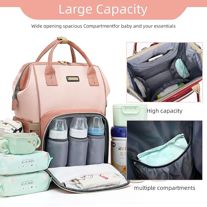 Diaper Bag Backpack, Diaper Bags for Baby Girls Boys, Baby Bags for Moms Dads, Nappy Changing Bag with Insulated Pockets,Multi-functional Waterproof Backpack with Stroller straps -Pink light pink-CubbioJoy