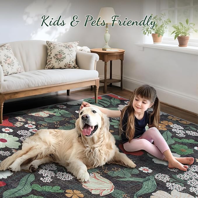 Area Rug Living Room Rugs: 5x7 Washable Rug Vintage Floral Soft Boho Non Slip Carpet Indoor Floor Non Shedding Low Pile Thin Carpets for Bedroom Dining Room Farmhouse Nursery Home Office Green-CubbioJoy