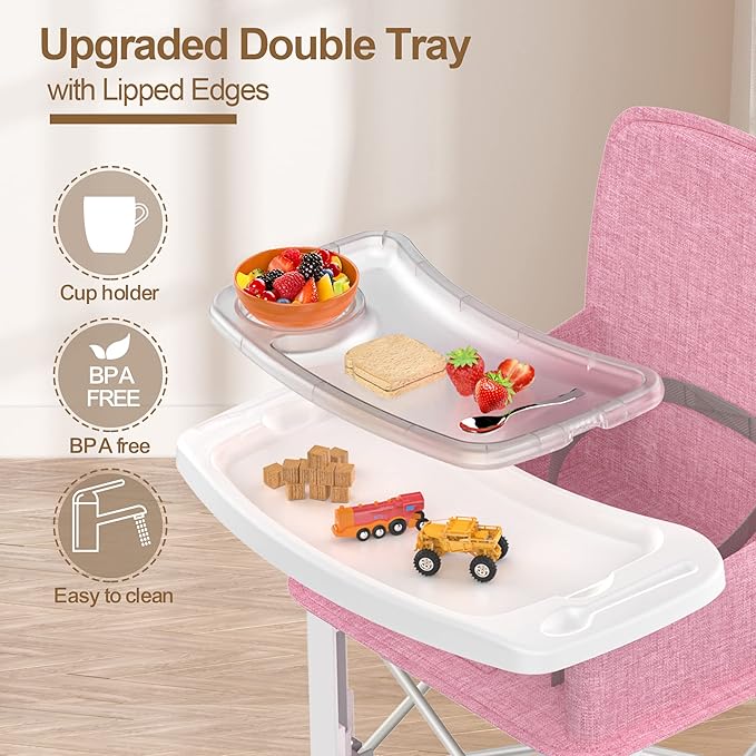 Baby Travel Booster Seat with Double Tray, BabyBond Upgraded Toddler Portable Baby Chair, Booster Seat for Dining Table, Stable and Foldable Booster Baby Chair for Indoor/Outdoor (Pink)-CubbioJoy