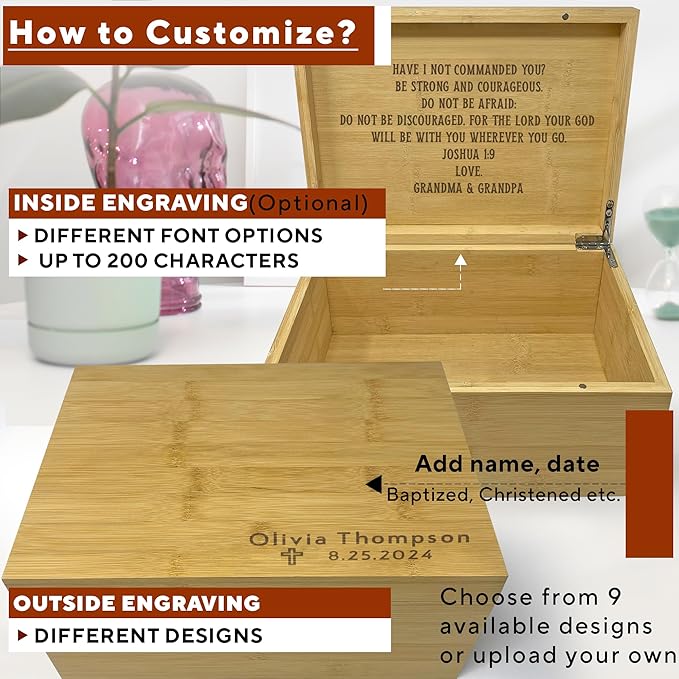 Baptism Memory Box Bamboo Wood - Personalized Baptism Gifts for Boys, First Communion Storage Box for Girls, Personalized Christening Gifts for Boys, Engraved Confirmation Keepsake Boxes, 11x8x4,75 in-CubbioJoy