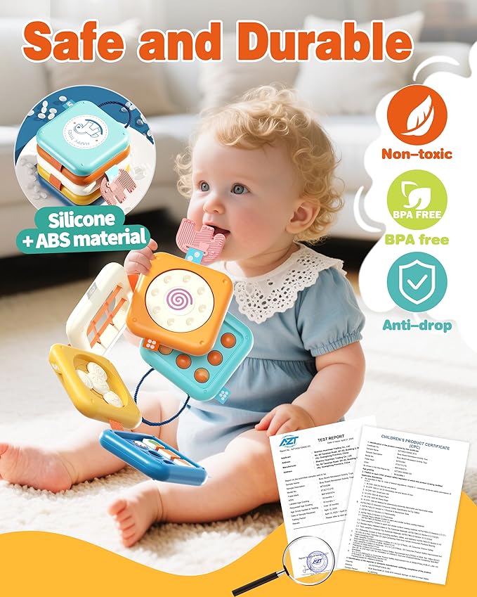 Busy Board for 1 Year Old, Travel Toys for Toddlers 1-3, 8 in 1 Montessori Activity Cube Toy for Babies in Airplane Car Stroller, Sensory Education Birthday Gifts for 1 2 Year Old Boy Girl Infant-CubbioJoy