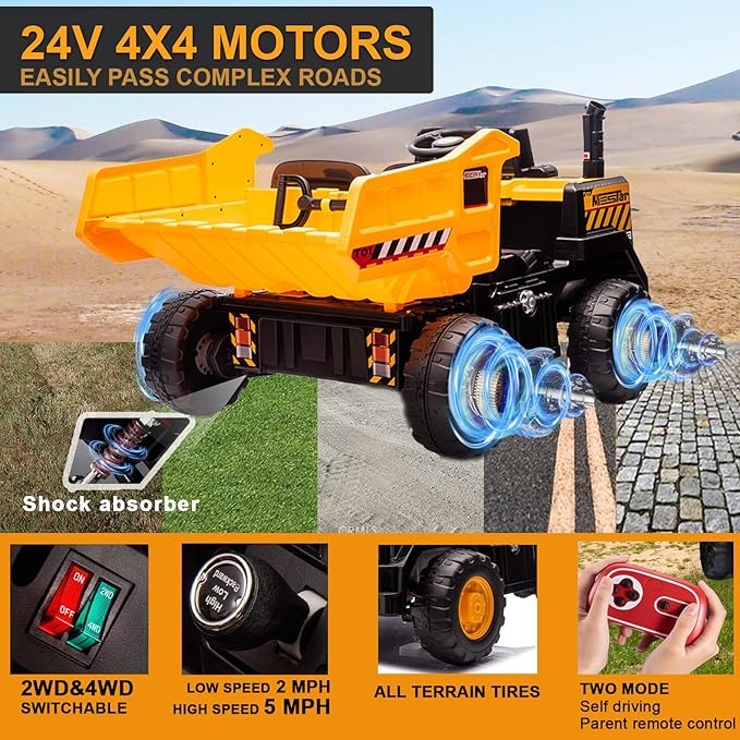 24V Ride On Dump Truck, 24inch-2 Seater Ride On Car for Kids w/Remote Control 4WD/2WD Up to 5 Mph, 24v Ride on Toys for Big Kids w/Electric Dump Bed Extra Shovel Traffic Cones (Yellow)-CubbioJoy
