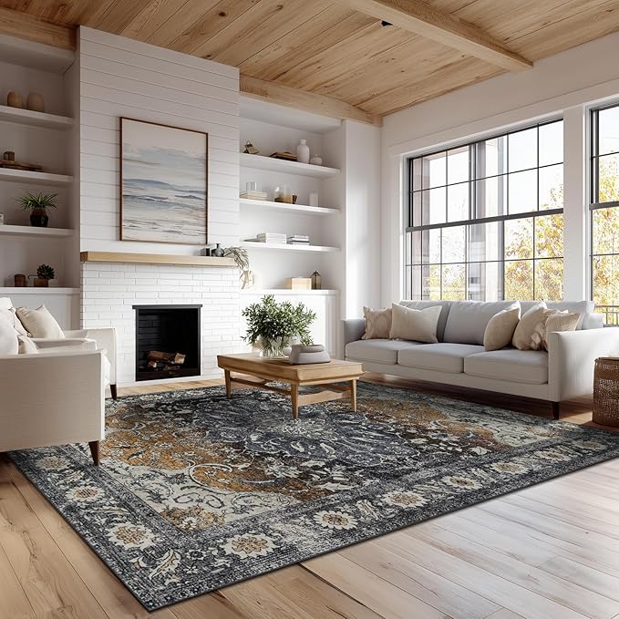 9x12 Area Rug Living Room Rugs, Stain Resistant Washable Rug, Vintage Large Non-Slip Backing, Low Pile Lightweight Print Rug for Bedroom Dinning Room Home Office (Tan/Gray)-CubbioJoy