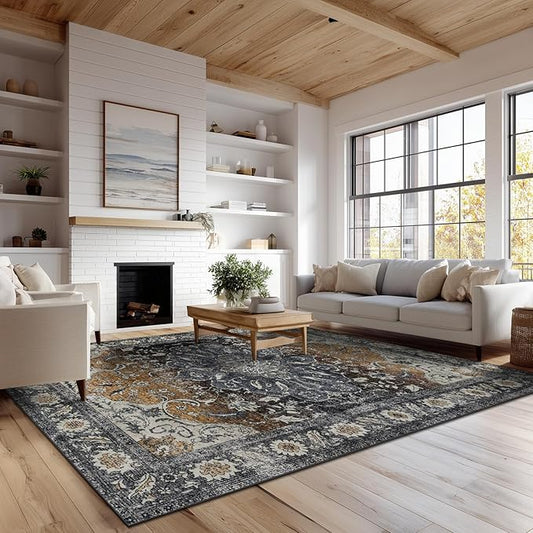 9x12 Area Rug Living Room Rugs, Stain Resistant Washable Rug, Vintage Large Non-Slip Backing, Low Pile Lightweight Print Rug for Bedroom Dinning Room Home Office (Tan/Gray)-CubbioJoy