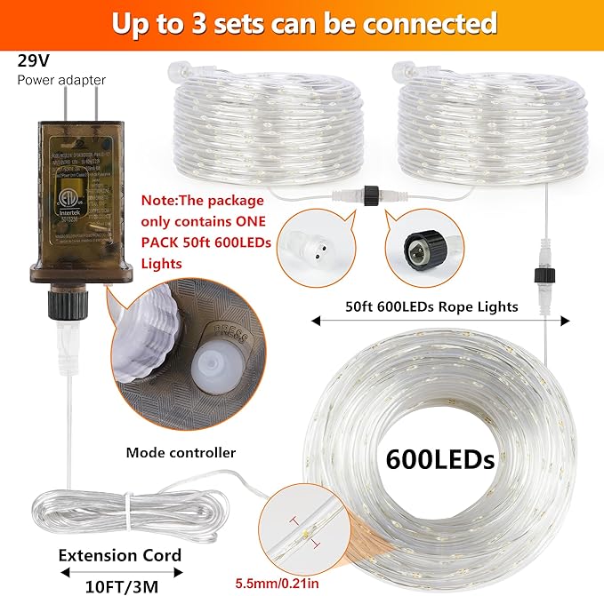 Connectable Outdoor Rope Lights, 50ft 600 LED Warm White Strip Light Plug in for Indoor with Waterproof 8 Modes, Outdoor String Lights for Camping, Garden, Backyard, Patio, Deck, Pool, Tree Décor-CubbioJoy