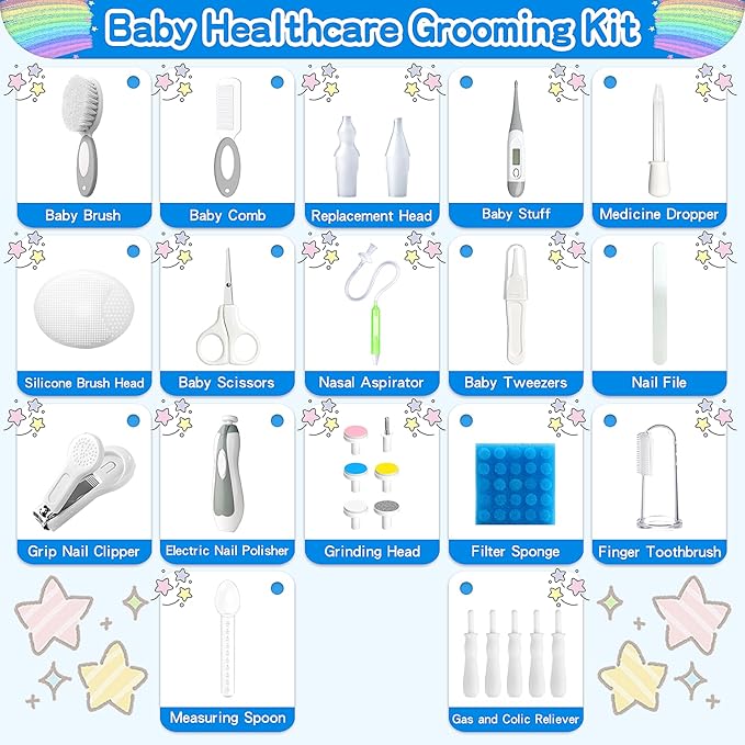 Baby Healthcare and Grooming Kit, 28 in 1 Portable Baby Essentials Kit Electric Nail Trimmer Set with Gas Relief Hair Brush Comb Nasal Aspirator for Newborn Boys Girls (Grey White)-CubbioJoy