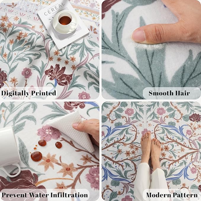 Bedroom Rug 3x5 Rug Washable Area Rug Non Slip Low Pile Vintage Floral Botanical Small Carpet for Bedroom, Bedside, Kitchen, Entryway, Kids Room, Office, Beige-CubbioJoy