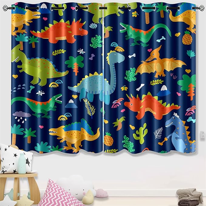 Dinosaur Blackout Curtains 2 Panels 63" Inch Drapes Boys Curtains for Bedroom Cute Dinosaur Themed Grommet Top Thermal Insulated Boys Room Curtains for Nursery, Navy Blue, 82" x 63"-CubbioJoy
