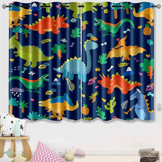 Dinosaur Blackout Curtains 2 Panels 63" Inch Drapes Boys Curtains for Bedroom Cute Dinosaur Themed Grommet Top Thermal Insulated Boys Room Curtains for Nursery, Navy Blue, 82" x 63"-CubbioJoy
