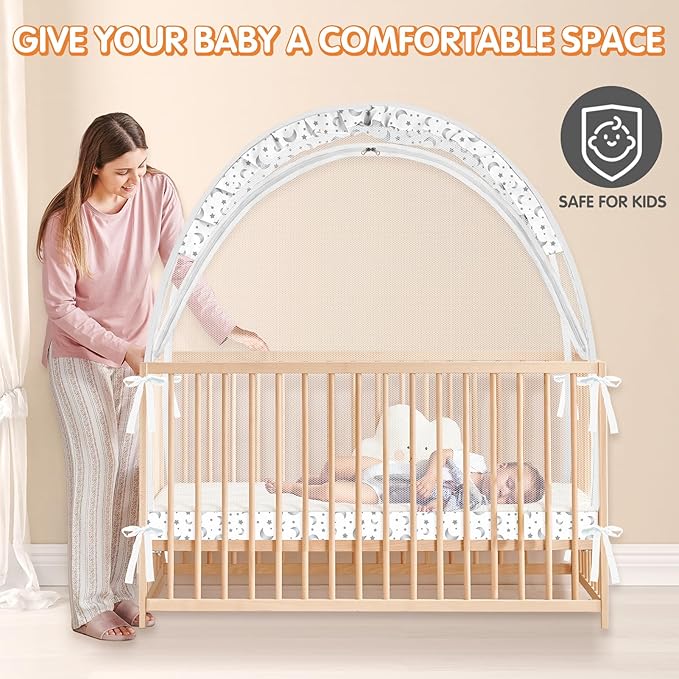Crib Tent to Keep Baby from Climbing Out - Crib Net to Keep Baby in - Pop Up Breathable Cribs Cover - Canopy with Upgrade Strong Mesh and Durable Zipper (White-Star and Moon, Lager)-CubbioJoy