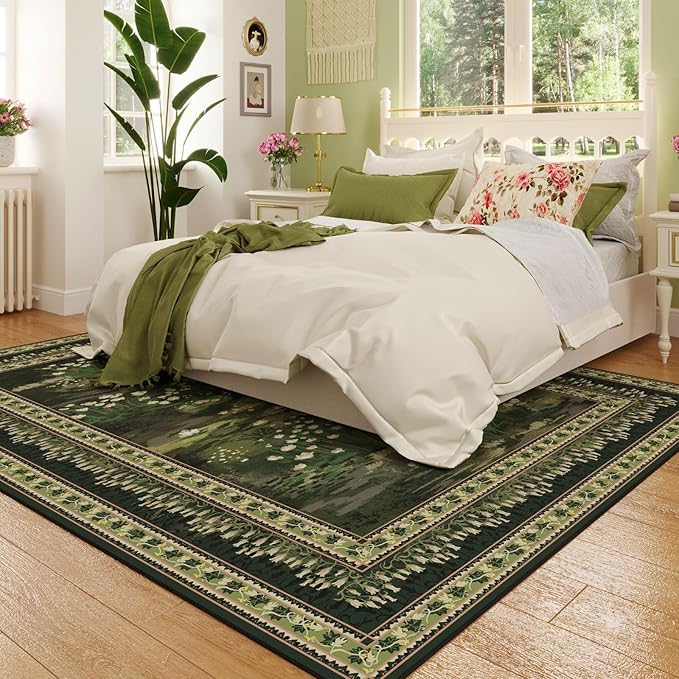 5x7 Area Rugs Impressionist-Style Vintage Washable Area Rug Non Slip Low Pile Large Rugs for Living Room Bedroom Farmhouse Dining Room Kids Playroom, Green-CubbioJoy