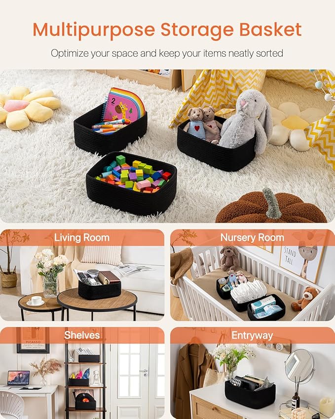 KALLAX Small Woven Basket, 12 x 8 x 4.5 Inches, Storage Basket for Organizing, Cute Small Rope Shelf Closet Cube Storage Bins Baskets for Shelves, Dog Toy Gift Baskets Empty, 3 Packs, Black-CubbioJoy
