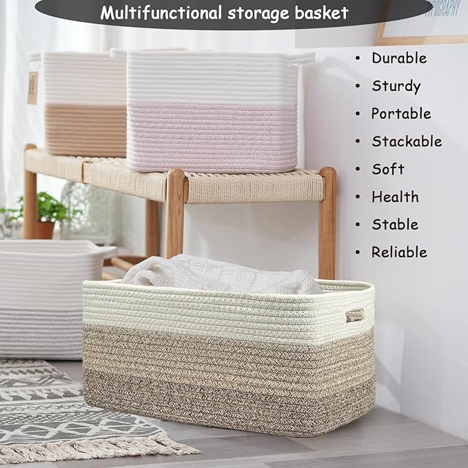 COMFY-HOMI Cotton Rope Woven Basket with Handles for Shelves,Toys,Book, Cloth Storage Baskets for Organizing-17" x 13" x 7.5" Toy Decorative Organizer for Living Room, Bathroom （white/3 brown）-CubbioJoy