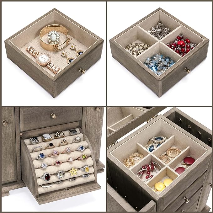 Jewelry Box for Women, Rustic Wooden Jewelry Boxes & Organizers with Mirror, 4 Layer Jewelry Organizer Box Display for Rings Earrings Necklaces Bracelets (Weathered Gray)-CubbioJoy
