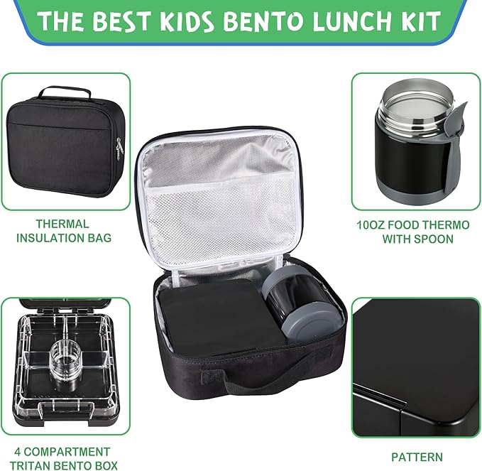 Bento Lunch Box Set With 10oz Soup Thermo, Leak-proof Lunch Containers with 4 Compartment, Kids Hot Thermo Food Jar/Insulation Lunch Bag, Food Containers for School (Black)-CubbioJoy