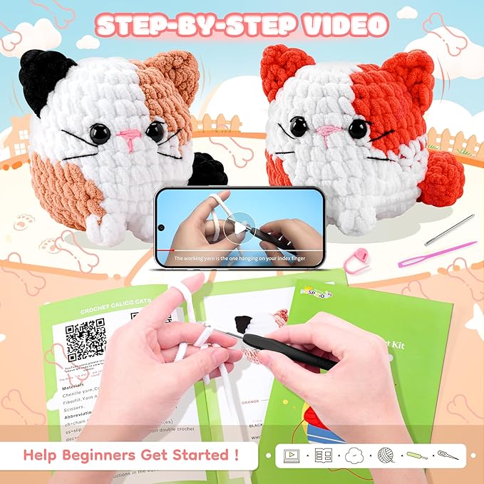 Cat Crochet Kit for Beginners-2PCS Calico Cats Crochet Kits for Adults Kids, Crochet Starter Kit with Step-by-Step Video Tutorials,Crochet Animal Kits Knitting Kit Learn to Crochet Kits-CubbioJoy
