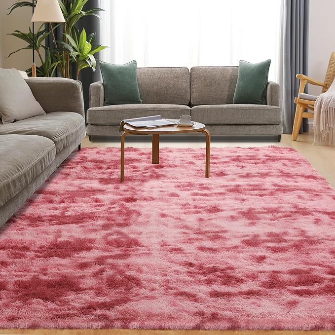 4x5.8 Area Rug, Fluffy Rugs for Living Room, Plush Carpet Rugs for Bedroom, Non-Slip Indoor Rug for Nursery, Study Room, Playroom, Home Decor, Tie-Dyed Dark Pink-CubbioJoy
