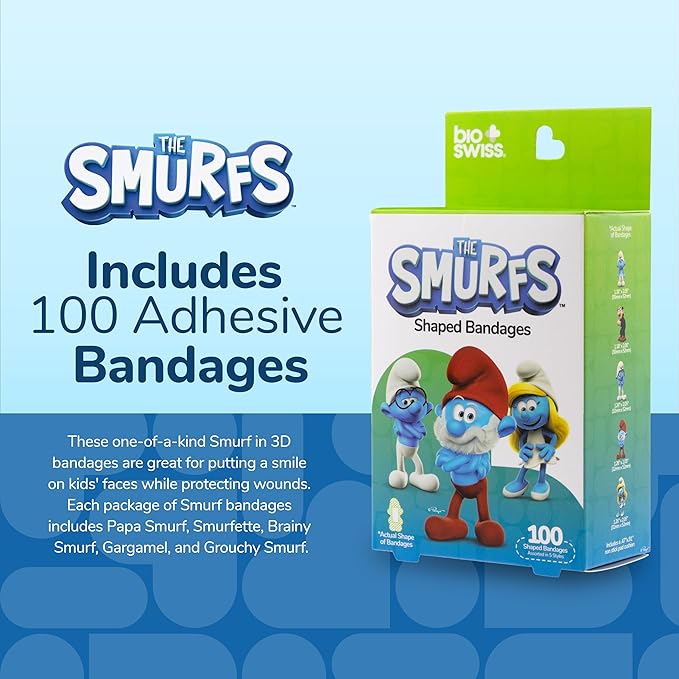 BioSwiss Bandages, The Smurfs Shaped Self Adhesive Bandage, Latex Free Sterile Wound Care, Fun First Aid Kit Supplies for Kids and Adults, 100 Count Box-CubbioJoy