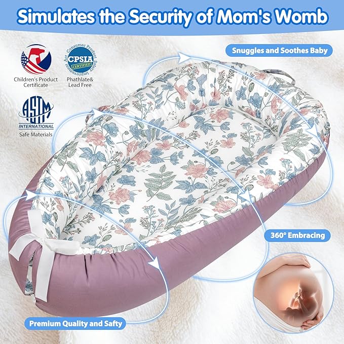 Baby Lounger - Breathable & Soft Baby Nest, Portable and Lightweight Tummy Time Lounger for Home and Travel, Ideal Newborn Babies Essentials Baby Shower Gifts-CubbioJoy