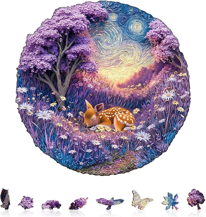 Jigfoxy Wooden Puzzles for Adults, Starry Night Fawn Wood Puzzles Adult, Unique Animal Shape Wooden Jigsaw Puzzles for Adults, Birthday Gifts for Puzzle Lovers, Family, Friend (S-8.5 * 8.5in-100pcs)-CubbioJoy