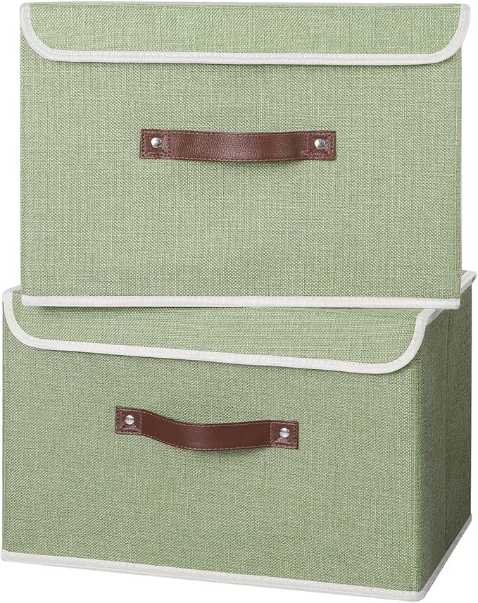 ANMINY 4PCS Storage Bins with Lid PU Leather Handles Storage Boxes PP Plastic Board Decorative Foldable Lidded Cotton Linen Fabric Home Cubes Baskets Closet Organizer Containers - Green, Large Size-CubbioJoy