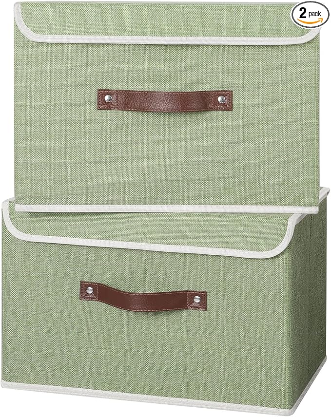 ANMINY 2PCS Storage Bins with Lid PU Leather Handles Storage Boxes PP Plastic Board Decorative Foldable Lidded Cotton Linen Fabric Home Cubes Baskets Closet Organizer Containers - Green, Large Size-CubbioJoy