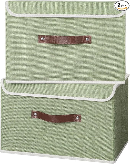 ANMINY 2PCS Storage Bins with Lid PU Leather Handles Storage Boxes PP Plastic Board Decorative Foldable Lidded Cotton Linen Fabric Home Cubes Baskets Closet Organizer Containers - Green, Large Size-CubbioJoy